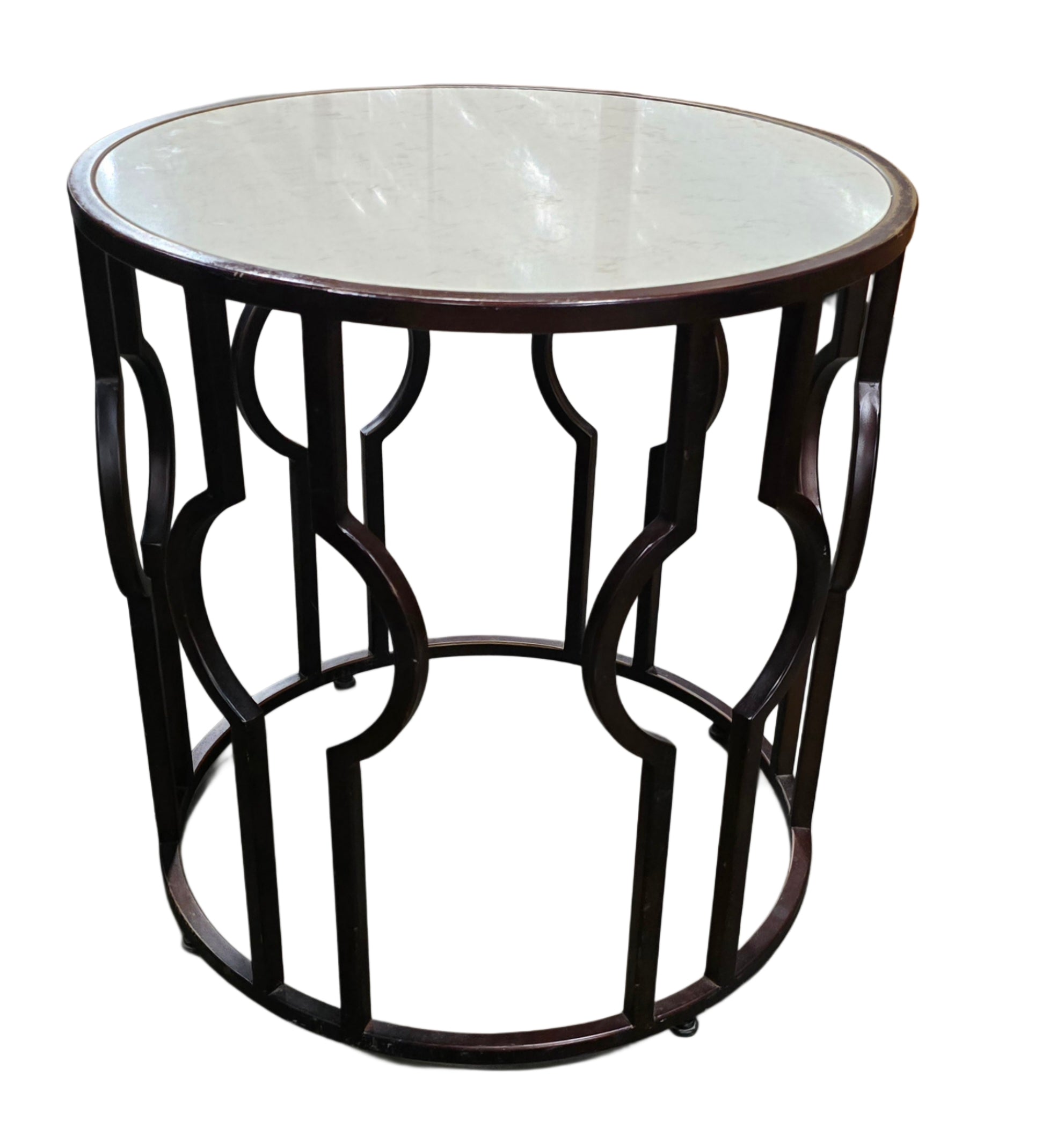 SHL front view of round marble top side table with metal base, used and very good condition