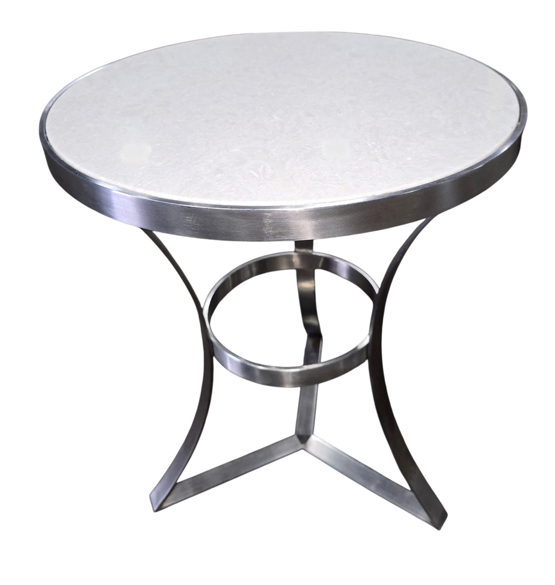 Front view of round side table with white stone top
