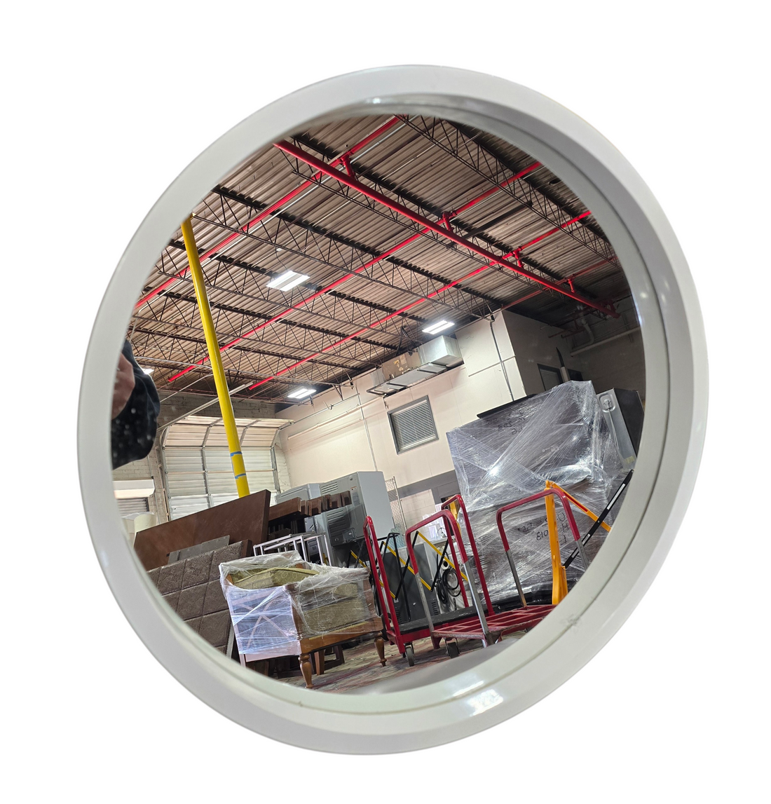 Round white framed mirror measuring 22 inch diameter, used and in good condition