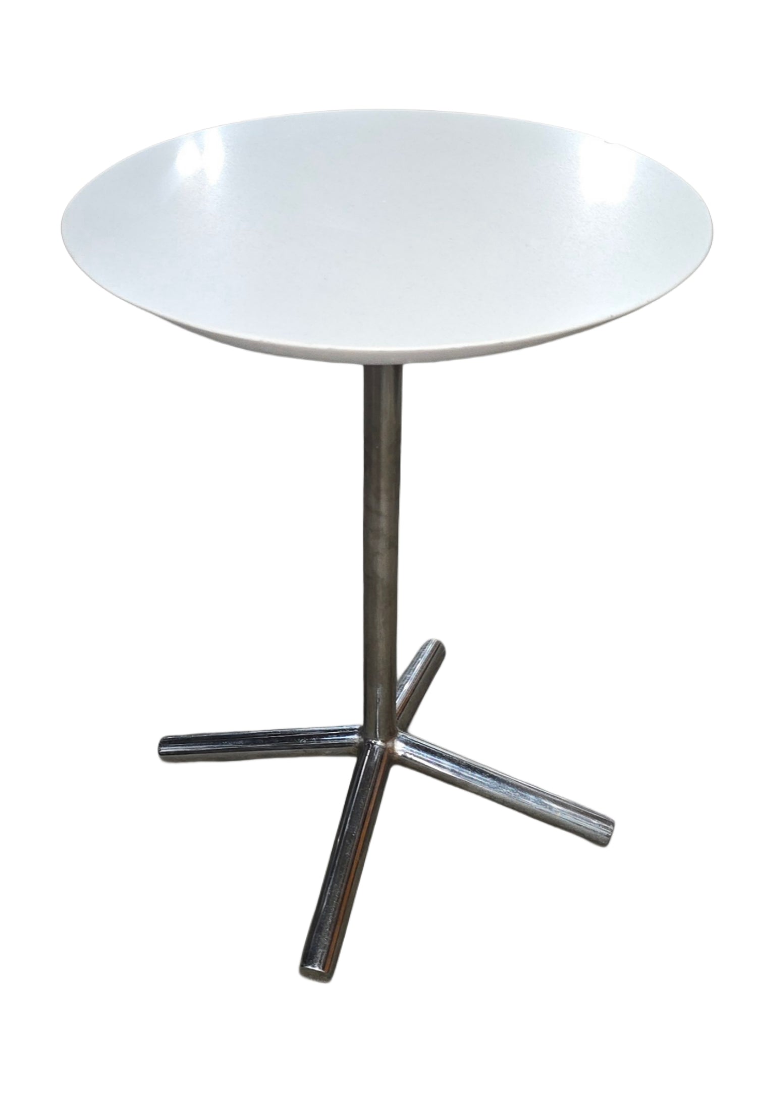 SHL front view of side table with round white granite top and chrome legs, used and good condition