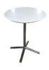 SHL front view of side table with round white granite top and chrome legs, used and good condition