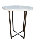 SHL front view of round white granite side table with metal base, used and very good condition