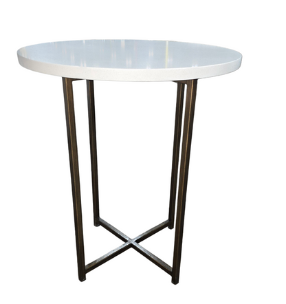 SHL front view of round white granite side table with metal base, used and very good condition