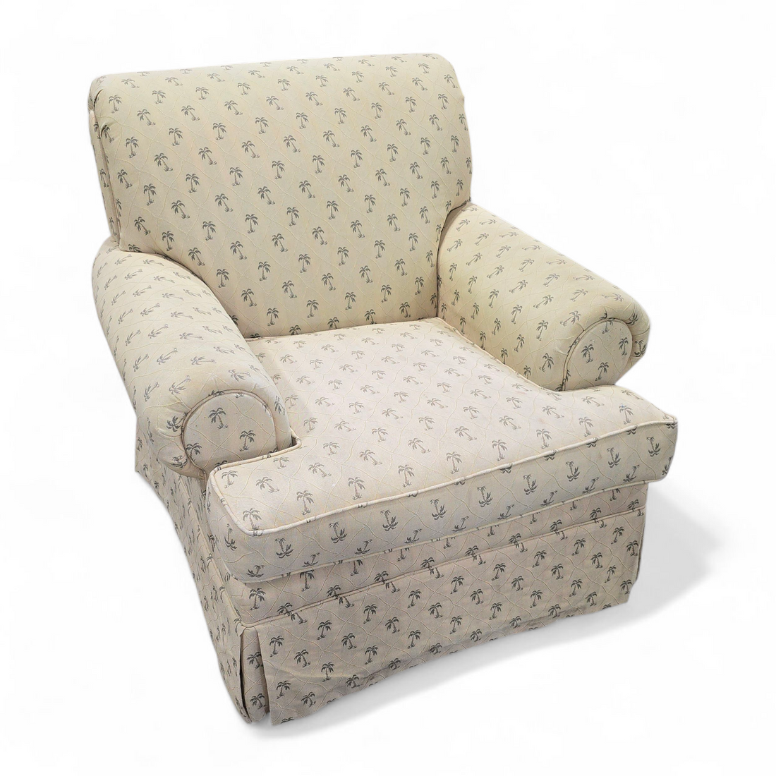 SHL Saddlebrook comfy sofa chair with palm tree upholstery front view, used and in good condition