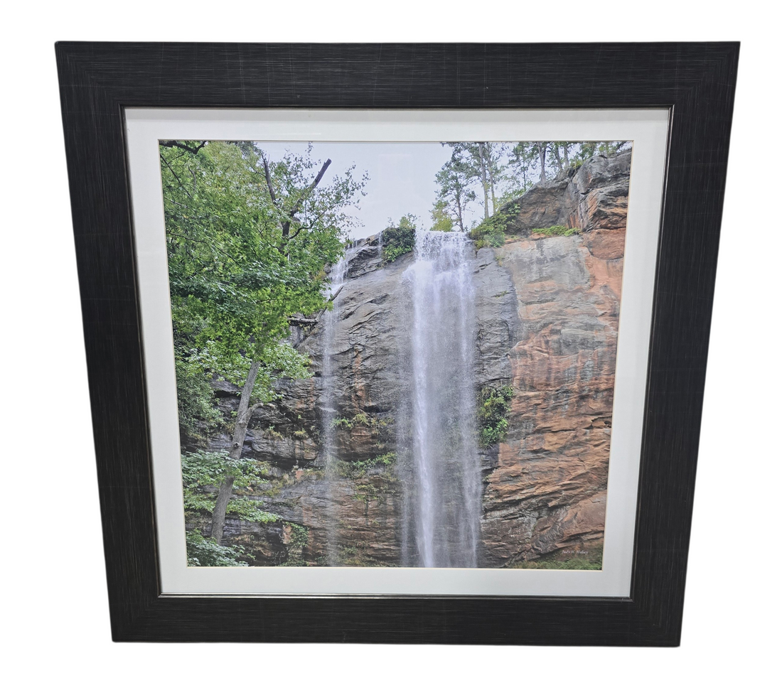 Silver framed wall art featuring Toccoa Falls in Georgia measuring 32 x 32, used and in good condition