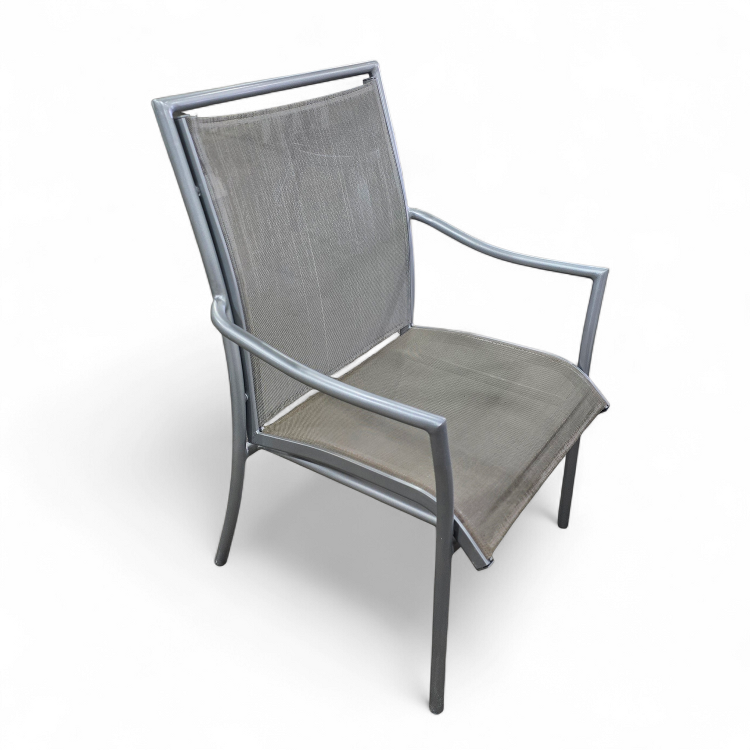 SHL side view of silver metal patio chair with 16-inch seat height, used and in good condition