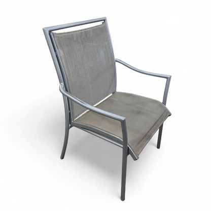SHL side view of silver metal patio chair with 16-inch seat height, used and in good condition