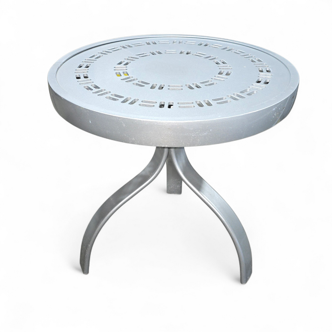 SHL front view of silver metal patio side table, 17.75-inch diameter, used and in good condition