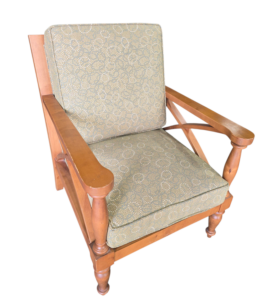 Solid wood armchair with removable cushioned seat and back and double X lattice side design, used and in good condition