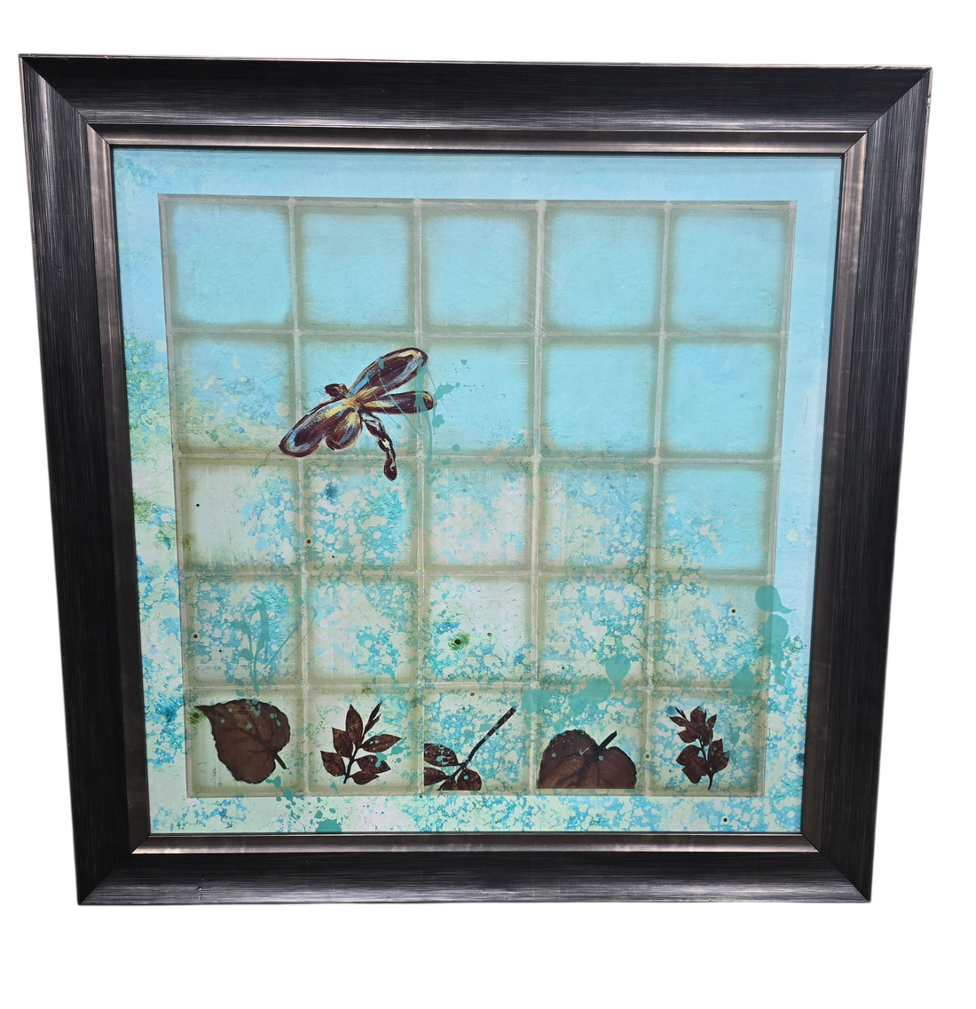 Square framed wall art with dragonfly on blue background