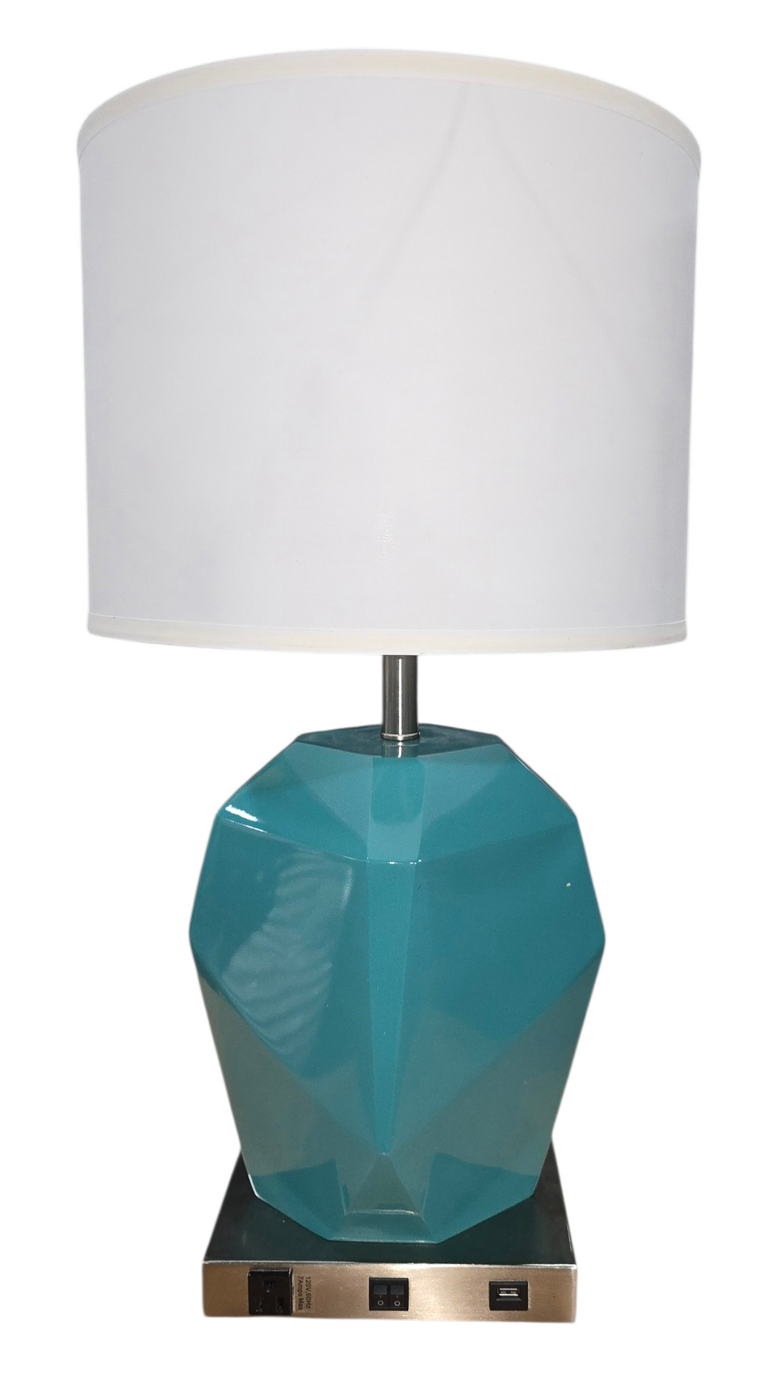 Teal faceted table lamp with USB port and power outlet, used and in good condition