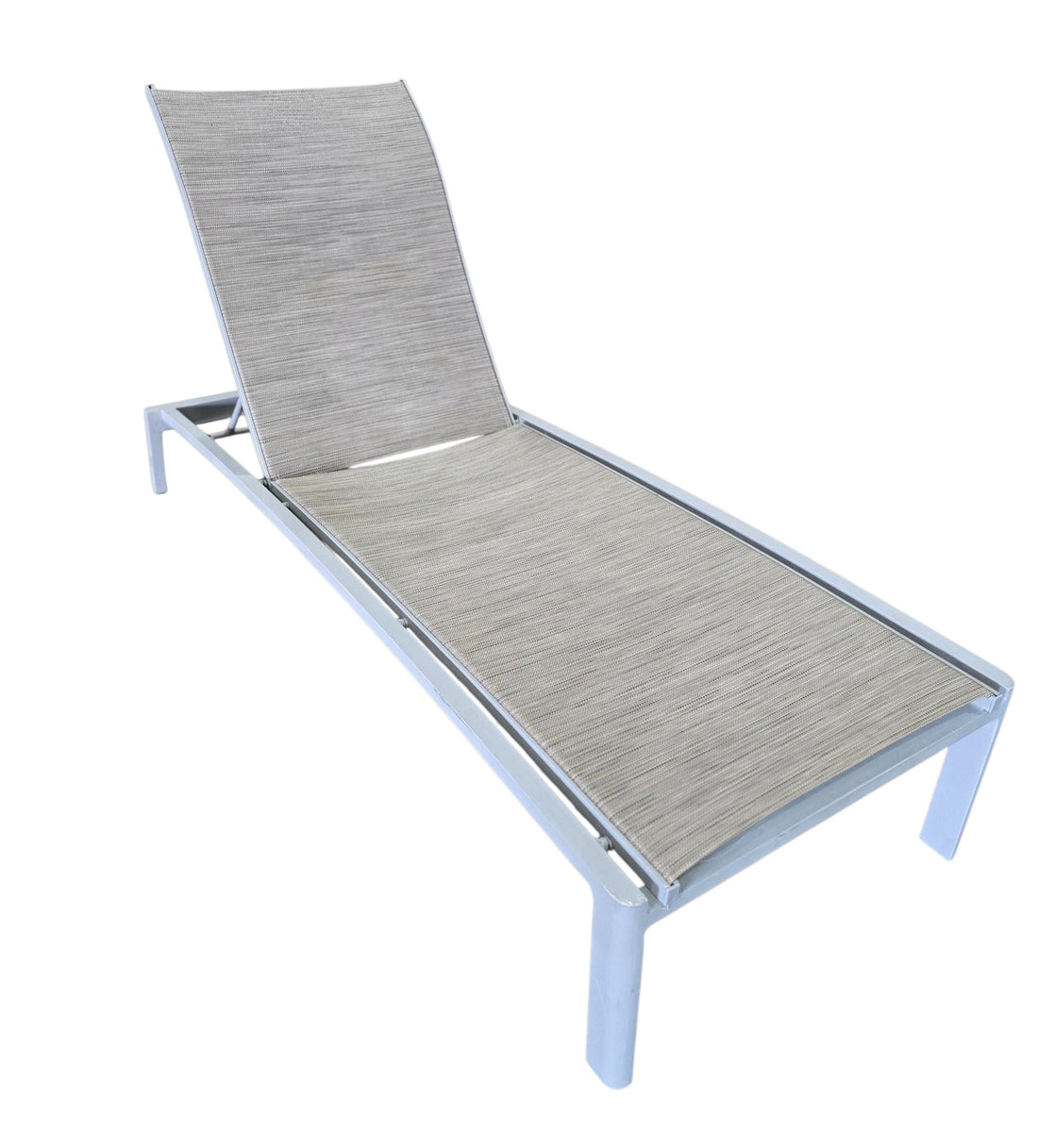 Texacraft adjustable pool lounger with white aluminum frame and beige sling fabric