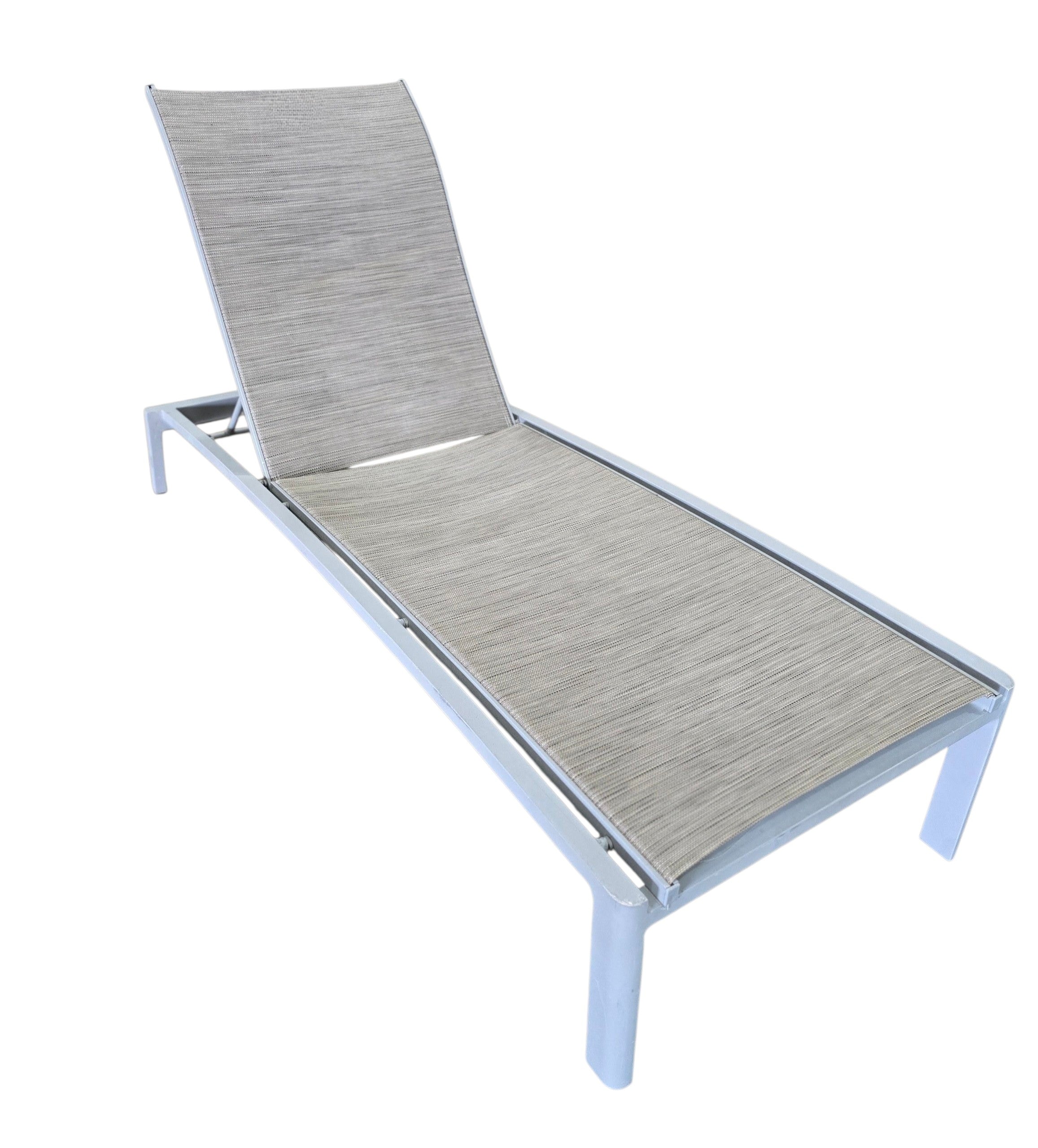 Texacraft adjustable pool lounger with white aluminum frame and beige sling fabric