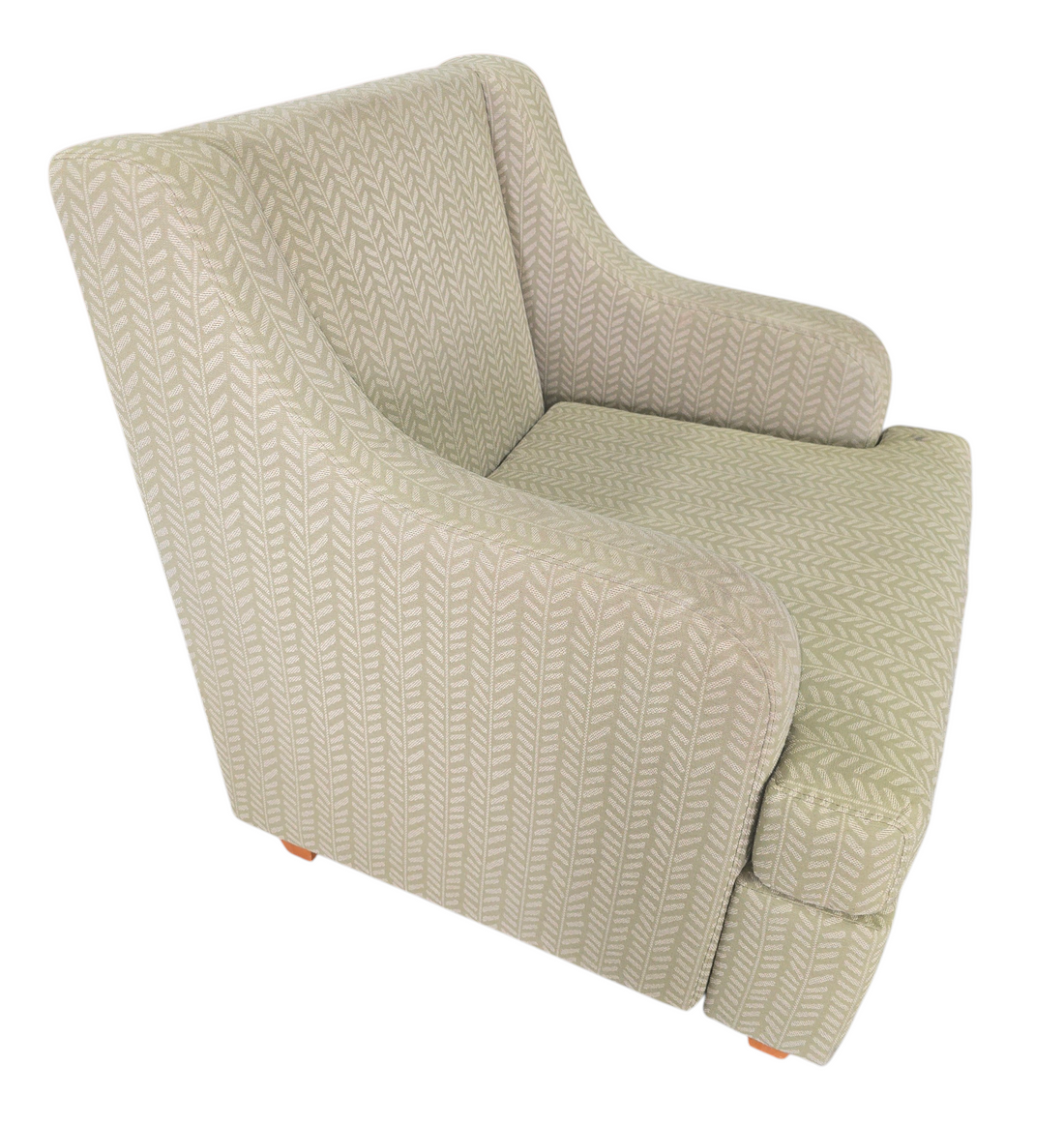 Side angle view of herringbone patterned accent chair