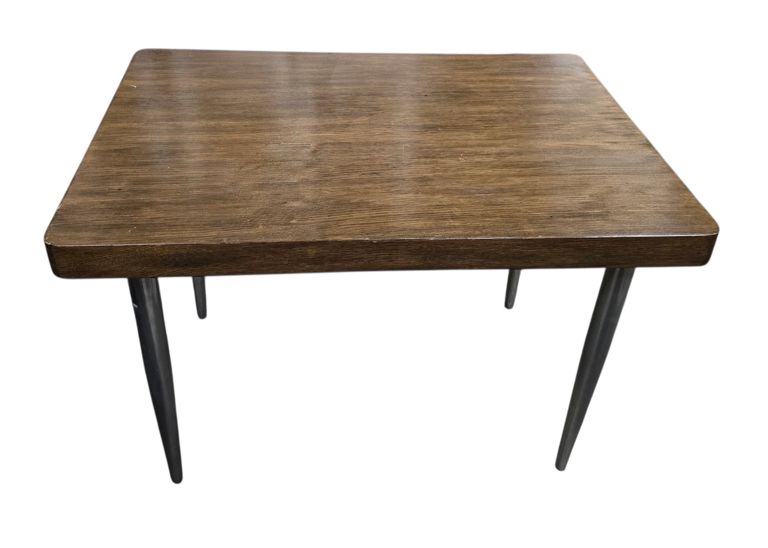 Used 42 inch by 28 inch wood grain desk with metal legs sourced from an upscale resort