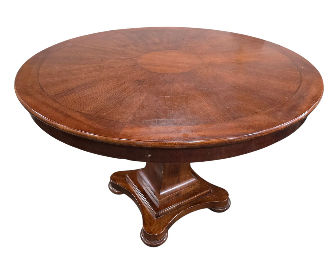 SHL quality used 48 inch round wood pedestal dining table with decorative sunburst veneer top and rich cherry finish sourced from an upscale resort