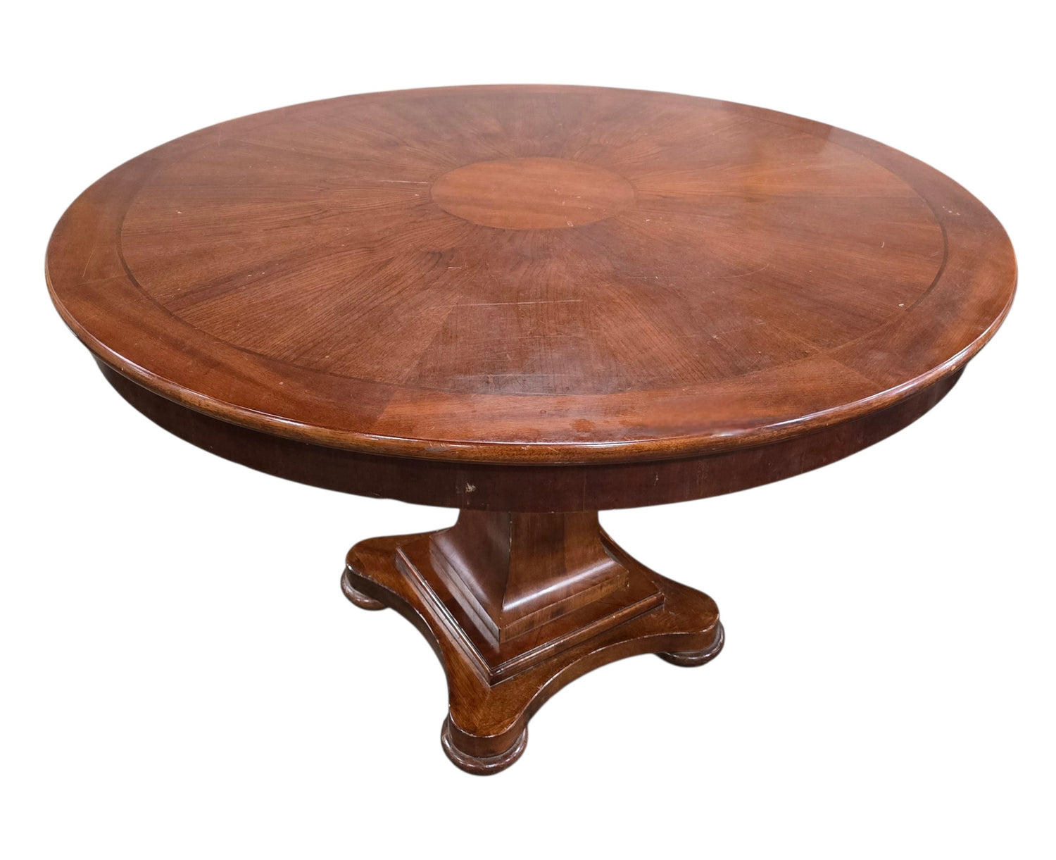 SHL quality used 48 inch round wood pedestal dining table with decorative sunburst veneer top and rich cherry finish sourced from an upscale resort
