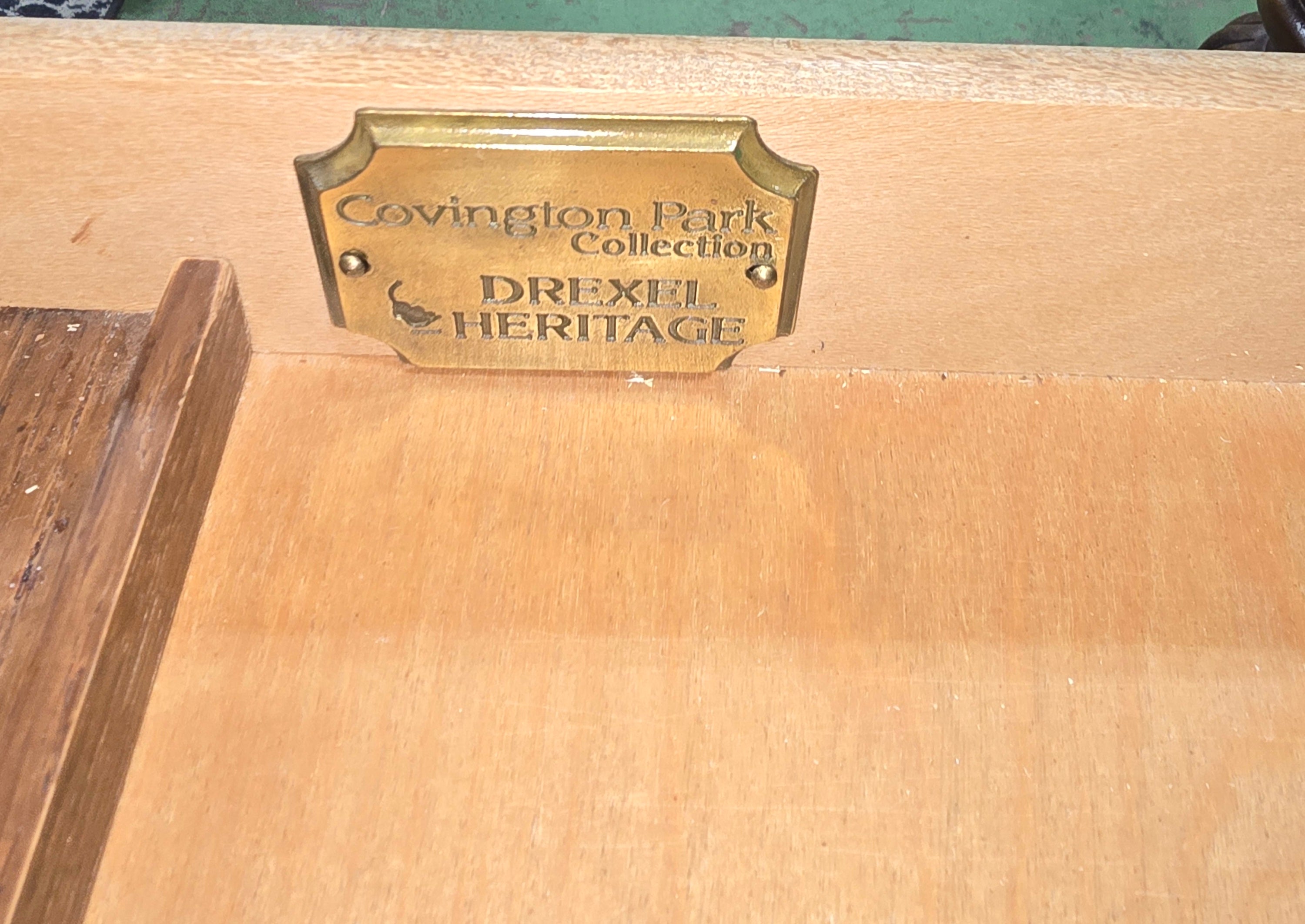 SHL Drexel Heritage Covington Park Collection manufacturer badge inside desk drawer
