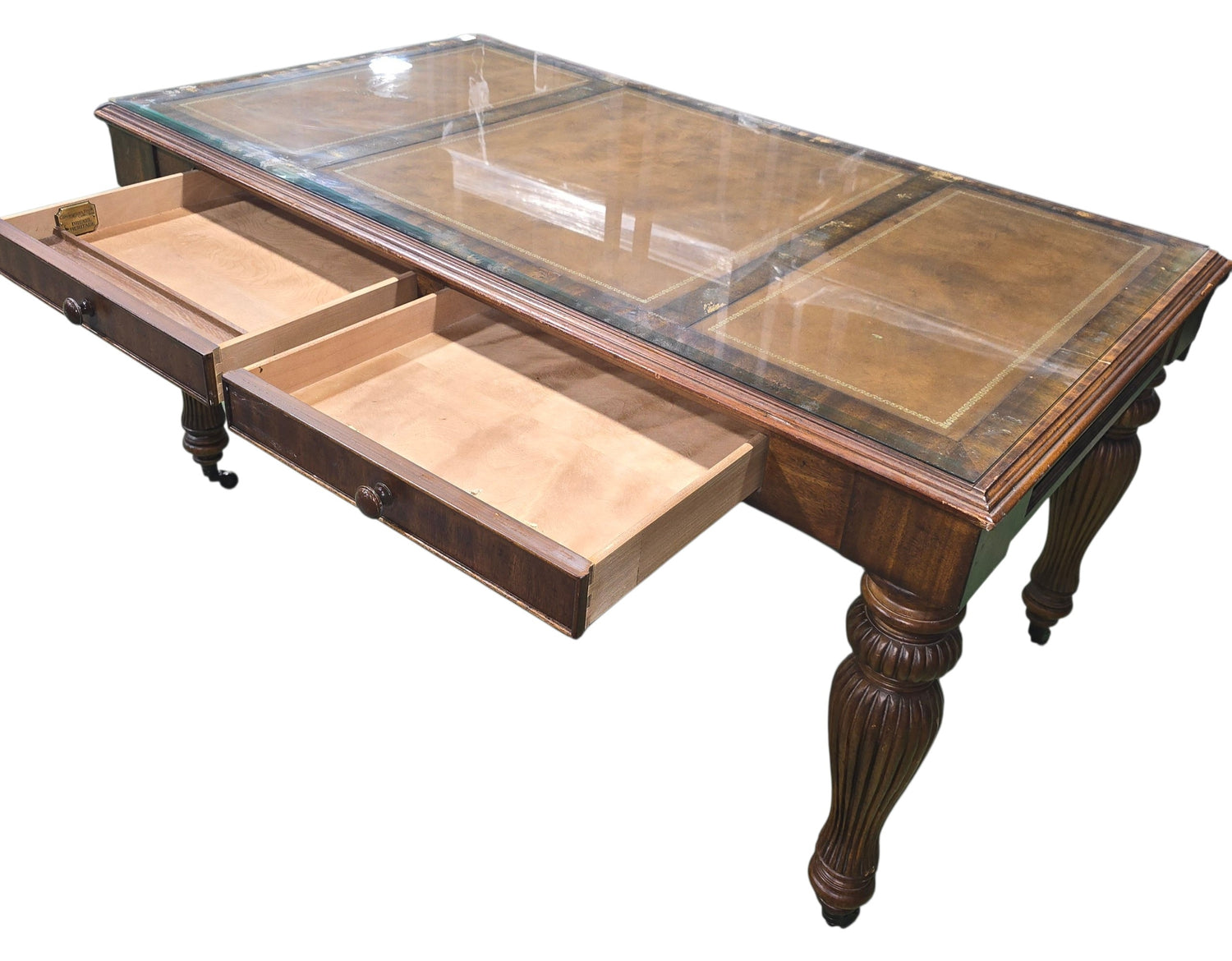 SHL used Drexel Heritage writing desk showing two spacious storage drawers with solid wood construction