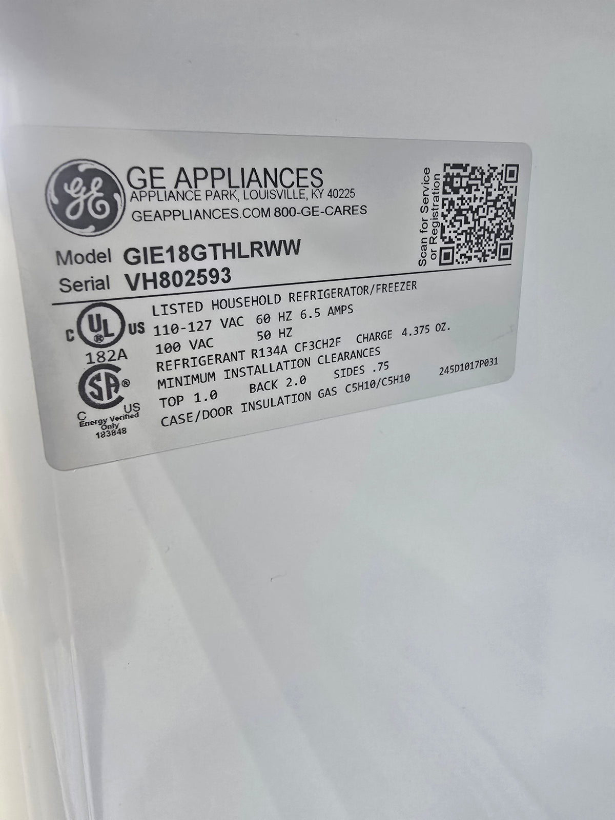 Used GE GIE18GTHLRWW refrigerator model label SHL