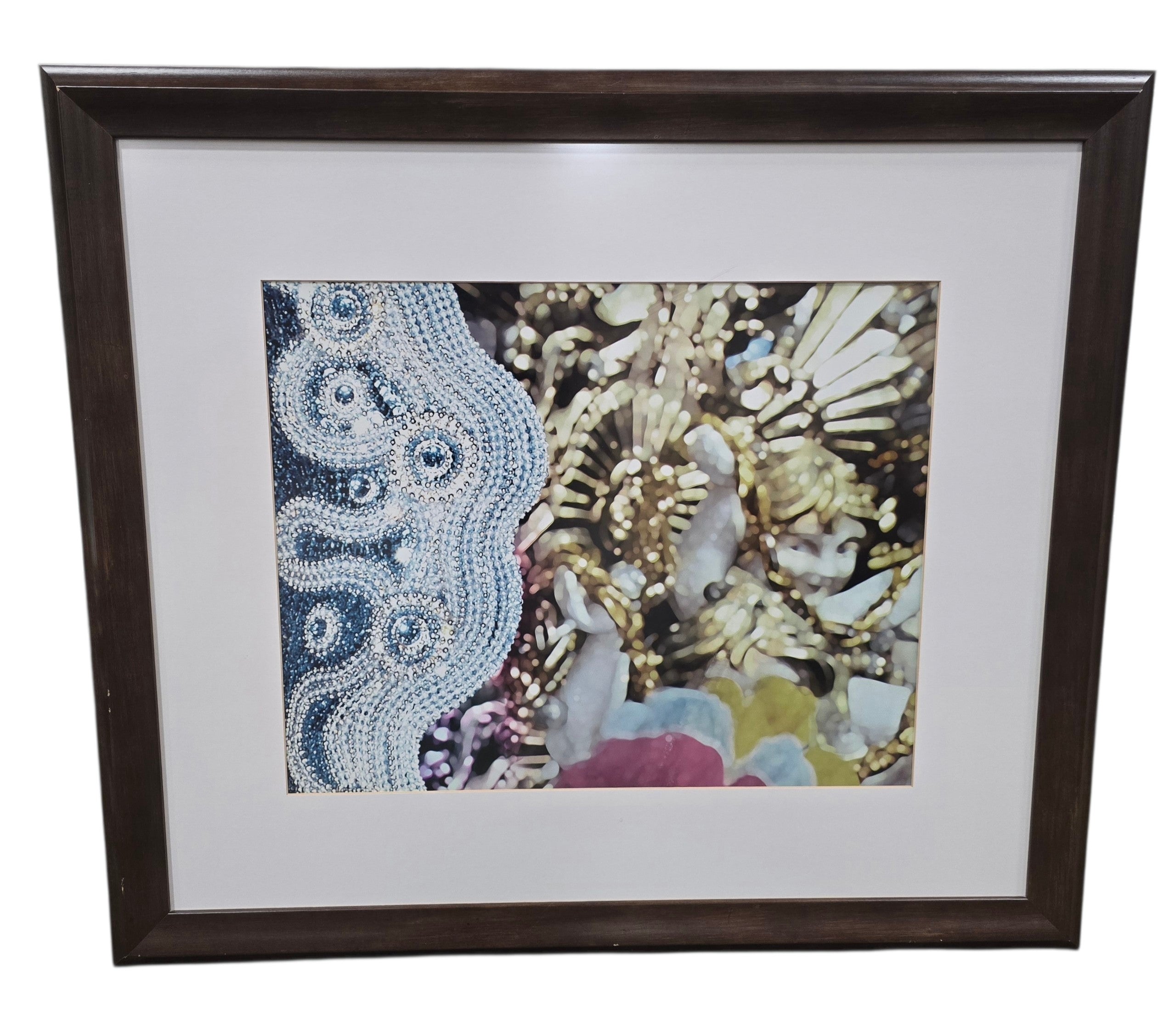 SHL used abstract framed wall art print with dark wood-tone frame, white matting, and textured metallic design, measuring 39.25 inches wide by 34.5 inches high.
