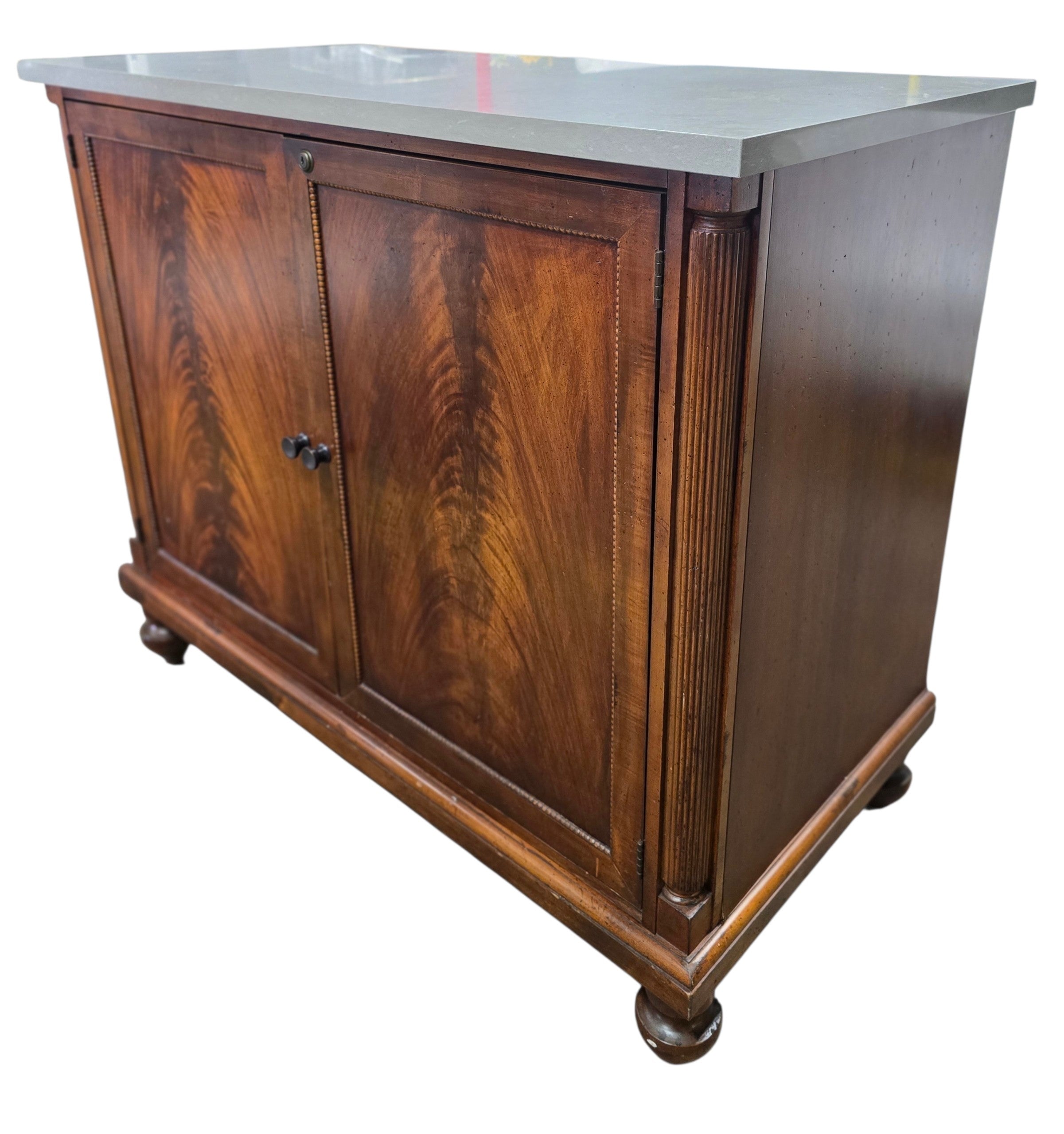 Front view of a used American of Martinsville mini fridge cabinet featuring a gray granite top and double cabinet doors. Available at Southern Hospitality Liquidation in Cartersville, GA.