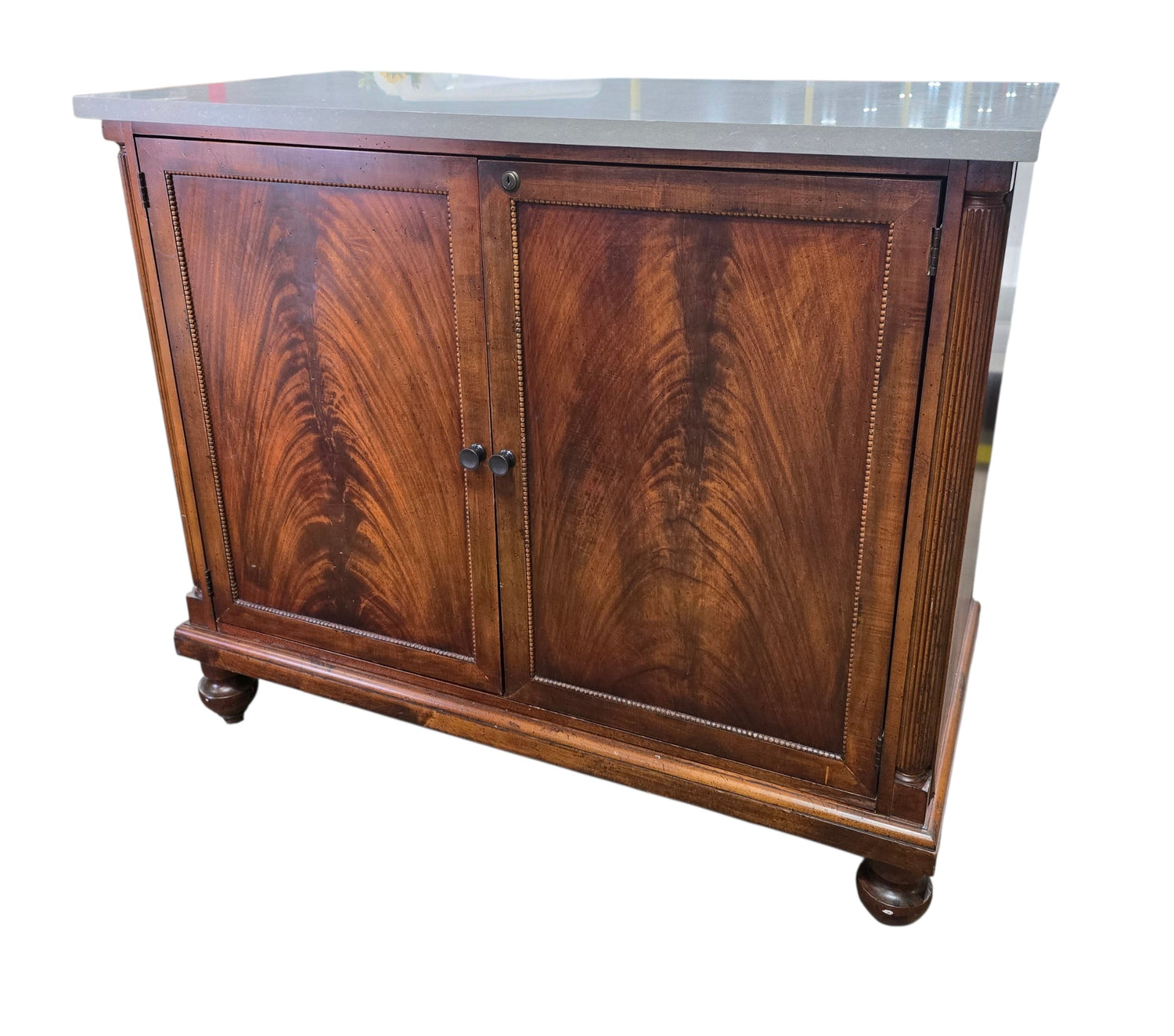 Used American of Martinsville mini fridge cabinet with gray granite top, front left view, sourced from an upscale resort. Available at Southern Hospitality Liquidation in Cartersville, GA near Atlanta, Marietta, Kennesaw, and Rome.