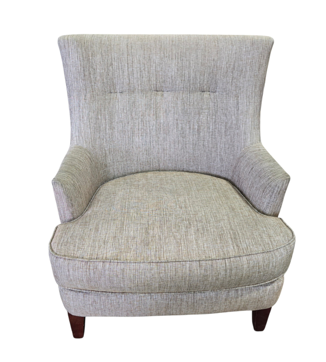 SHL used beige upholstered accent chair with textured woven fabric and tapered wood legs sourced from an upscale resort