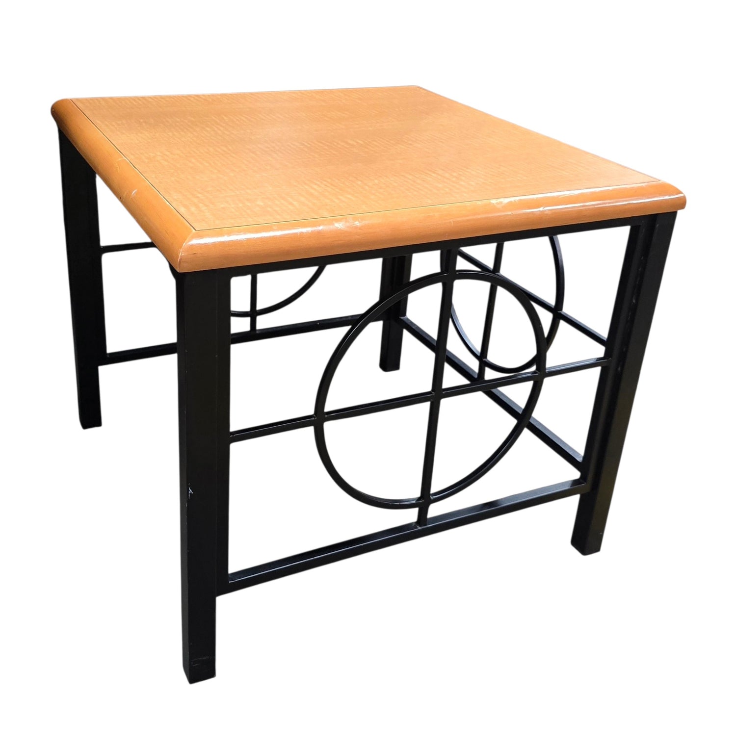SHL quality used end table with geometric circular metal base and durable wood top