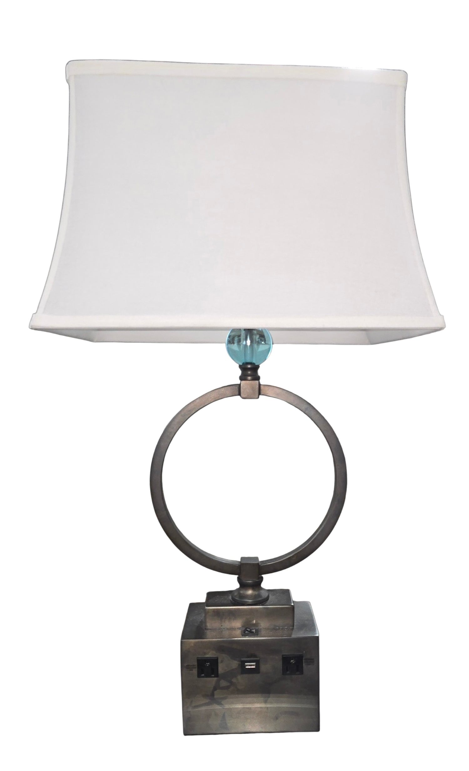 SHL quality used bronze ring table lamp with blue glass accent, white rectangular shade, one USB charging port, and dual built-in power outlets sourced from an upscale resort