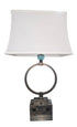 SHL quality used bronze ring table lamp with blue glass accent, white rectangular shade, one USB charging port, and dual built-in power outlets sourced from an upscale resort