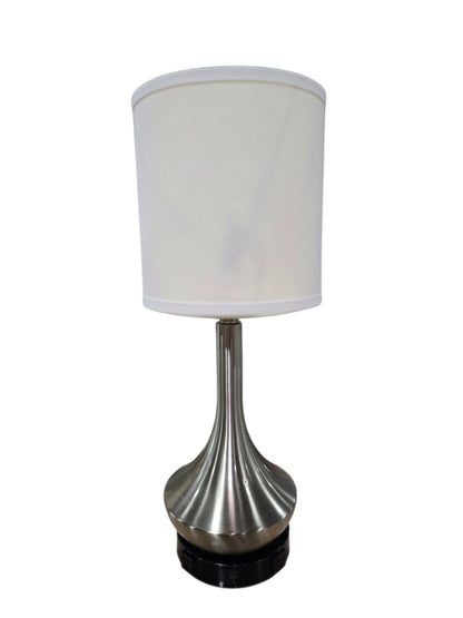 SHL quality used brushed nickel metal table lamp with white drum shade and dual built-in power outlets sourced from an upscale resort