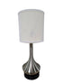 SHL quality used brushed nickel metal table lamp with white drum shade and dual built-in power outlets sourced from an upscale resort
