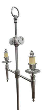 SHL brushed nickel two-light table lamp frame showing dual candle-style sockets beneath the shade sourced from an upscale resort