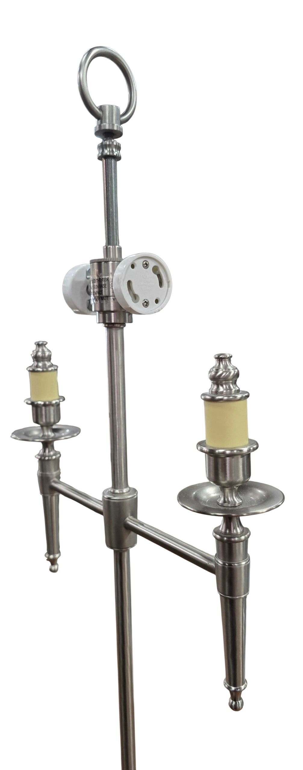 SHL brushed nickel two-light table lamp frame showing dual candle-style sockets beneath the shade sourced from an upscale resort