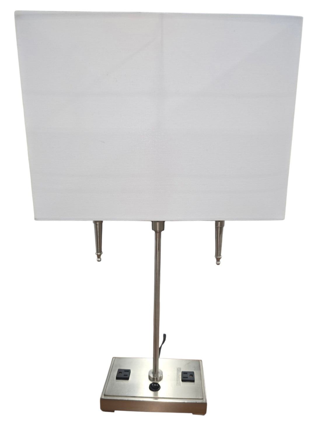 SHL quality used brushed nickel two-light table lamp with white rectangular shade and dual built-in power outlets sourced from an upscale resort