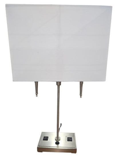 SHL quality used brushed nickel two-light table lamp with white rectangular shade and dual built-in power outlets sourced from an upscale resort