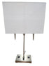 SHL quality used brushed nickel two-light table lamp with white rectangular shade and dual built-in power outlets sourced from an upscale resort