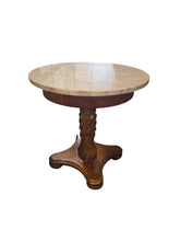 SHL used carved wood pedestal accent table with genuine round granite top in excellent condition