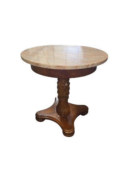 SHL used carved wood pedestal accent table with genuine round granite top in excellent condition