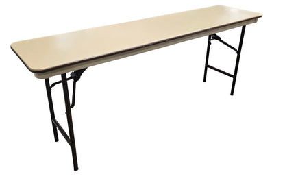 Used commercial folding training table with beige laminate top measuring 72 inches wide by 18 inches deep