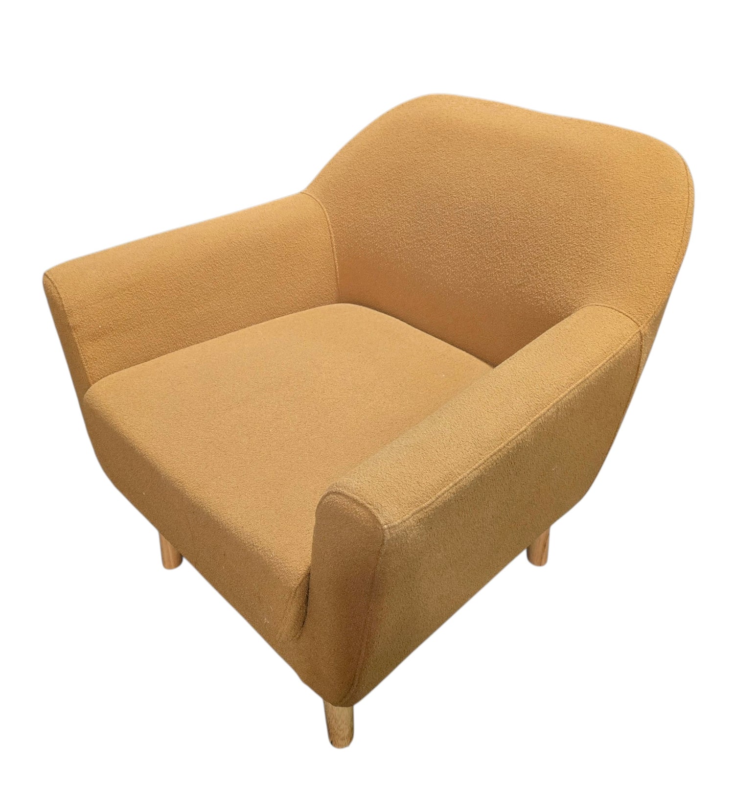 Used contemporary lounge chair with sandstone bouclé fabric and modern curved silhouette from upscale resort furniture collection