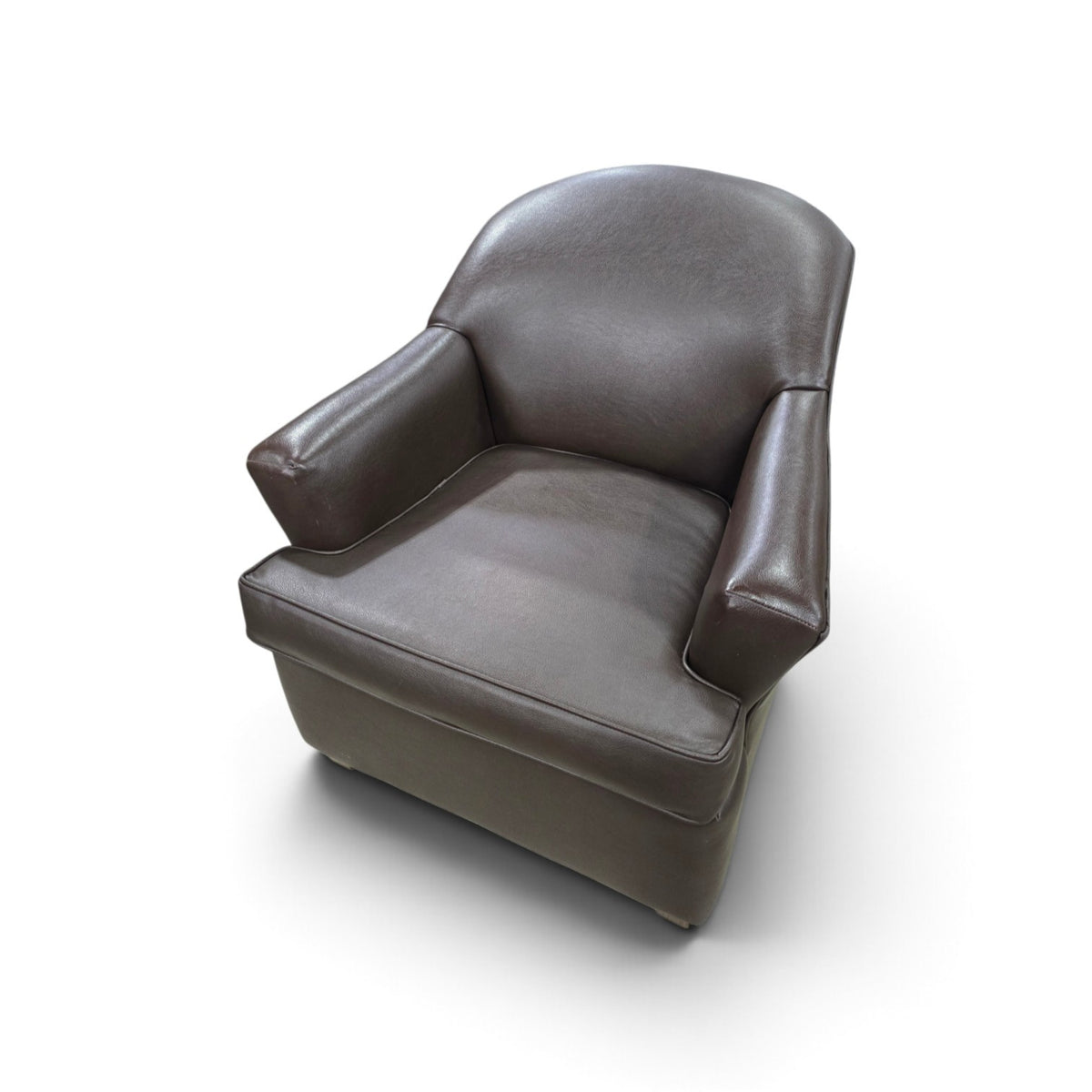 Used dark brown vinyl accent chair with padded arms, front view, SHL