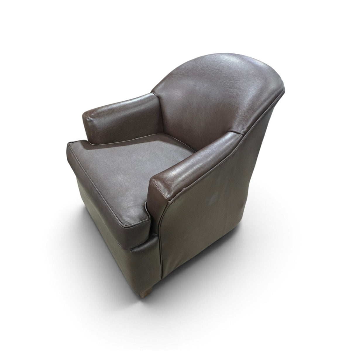 Used dark brown vinyl accent chair, side view, SHL