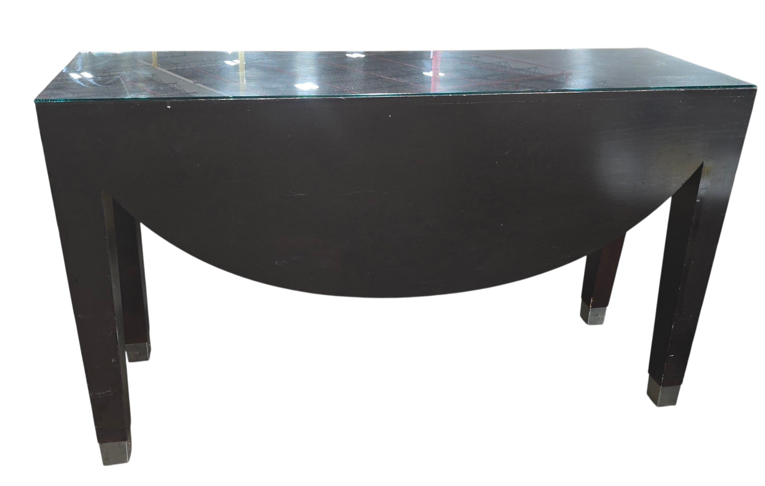 SHL used dark espresso sofa table with glass top and contemporary curved apron design sourced from an upscale resort