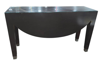 SHL used dark espresso sofa table with glass top and contemporary curved apron design sourced from an upscale resort