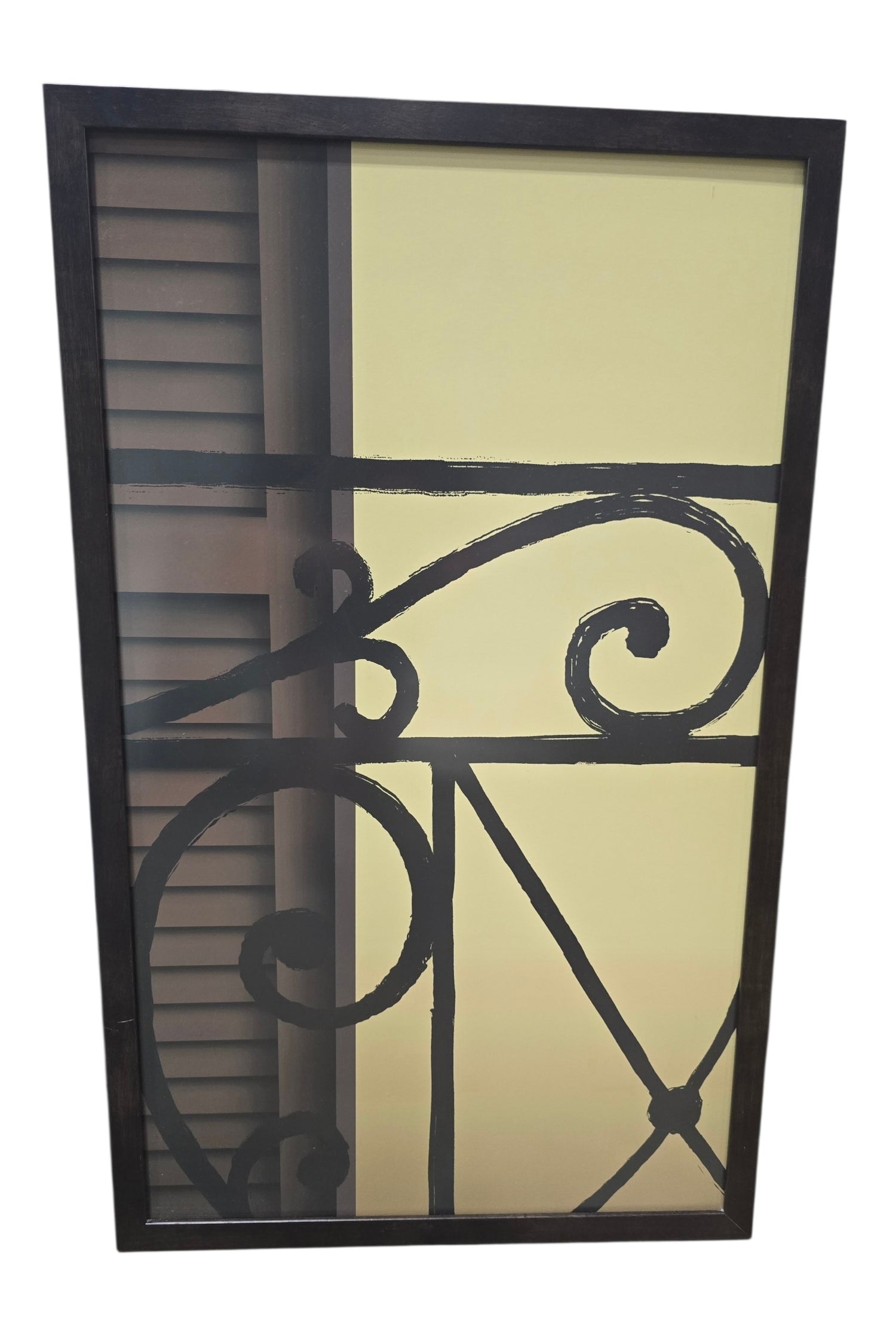 SHL used decorative ironwork framed wall art print featuring a stylized wrought iron gate design with neutral tones and dark wood-tone frame measuring 25.5 inches wide by 41.5 inches high.