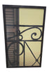 SHL used decorative ironwork framed wall art print featuring a stylized wrought iron gate design with neutral tones and dark wood-tone frame measuring 25.5 inches wide by 41.5 inches high.