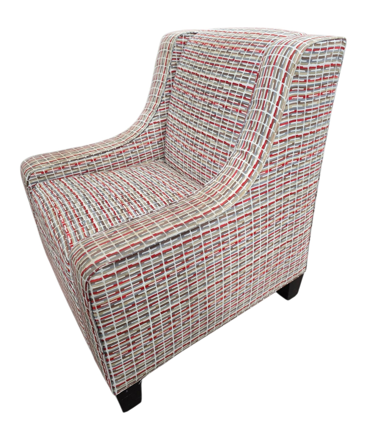 Quality used resort furniture wingback chair with red beige and gray patterned fabric