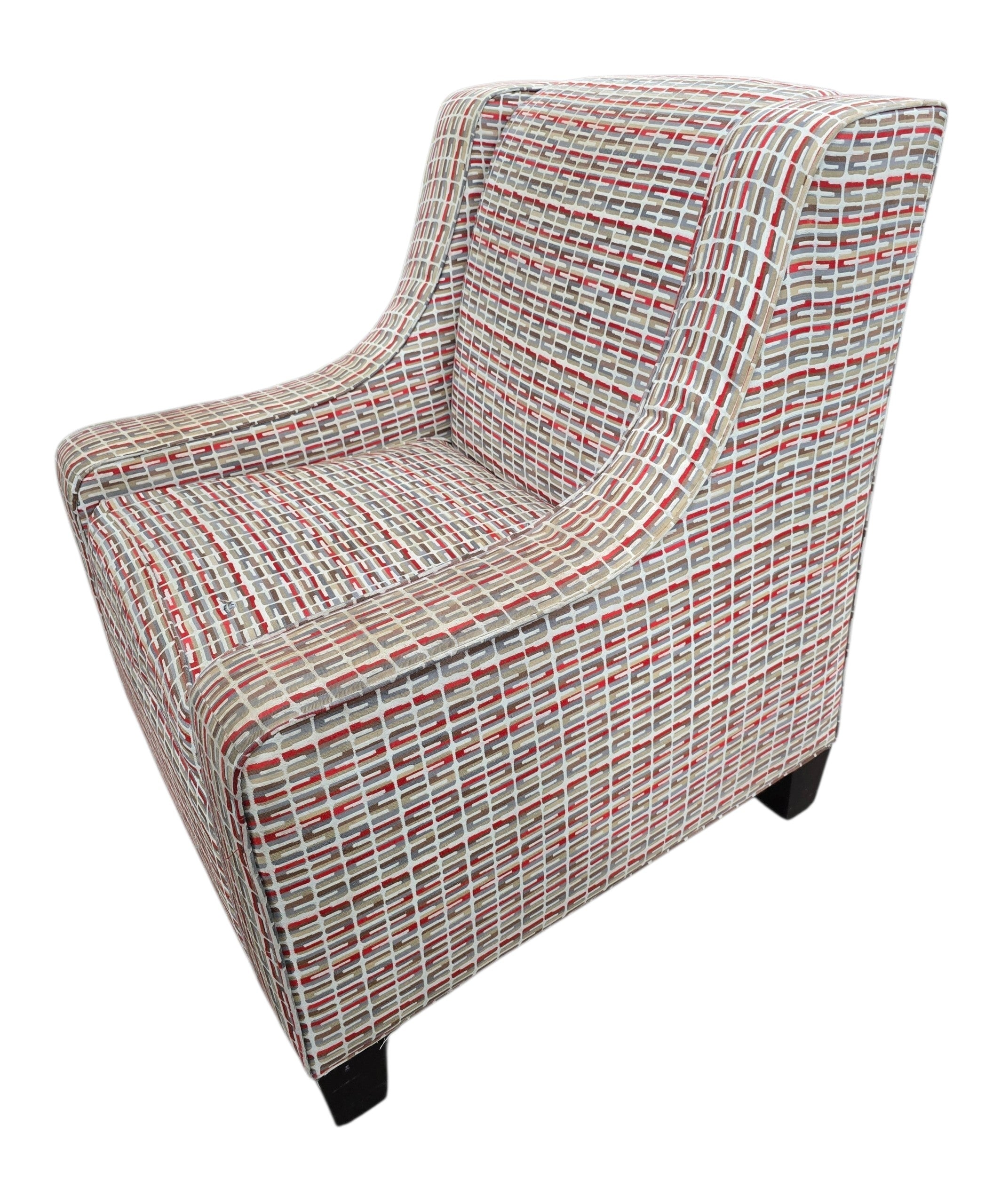 Quality used resort furniture wingback chair with red beige and gray patterned fabric